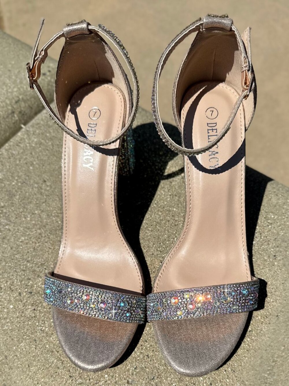 New Bling Gold Rhinestone Crystal Open Toe Dress Sandals Ankle Strap Block Heel - Picture 4 of 6